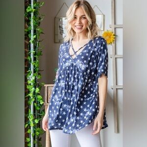 Heimish Full Size Short Sleeve Crisscross Star Babydoll Top